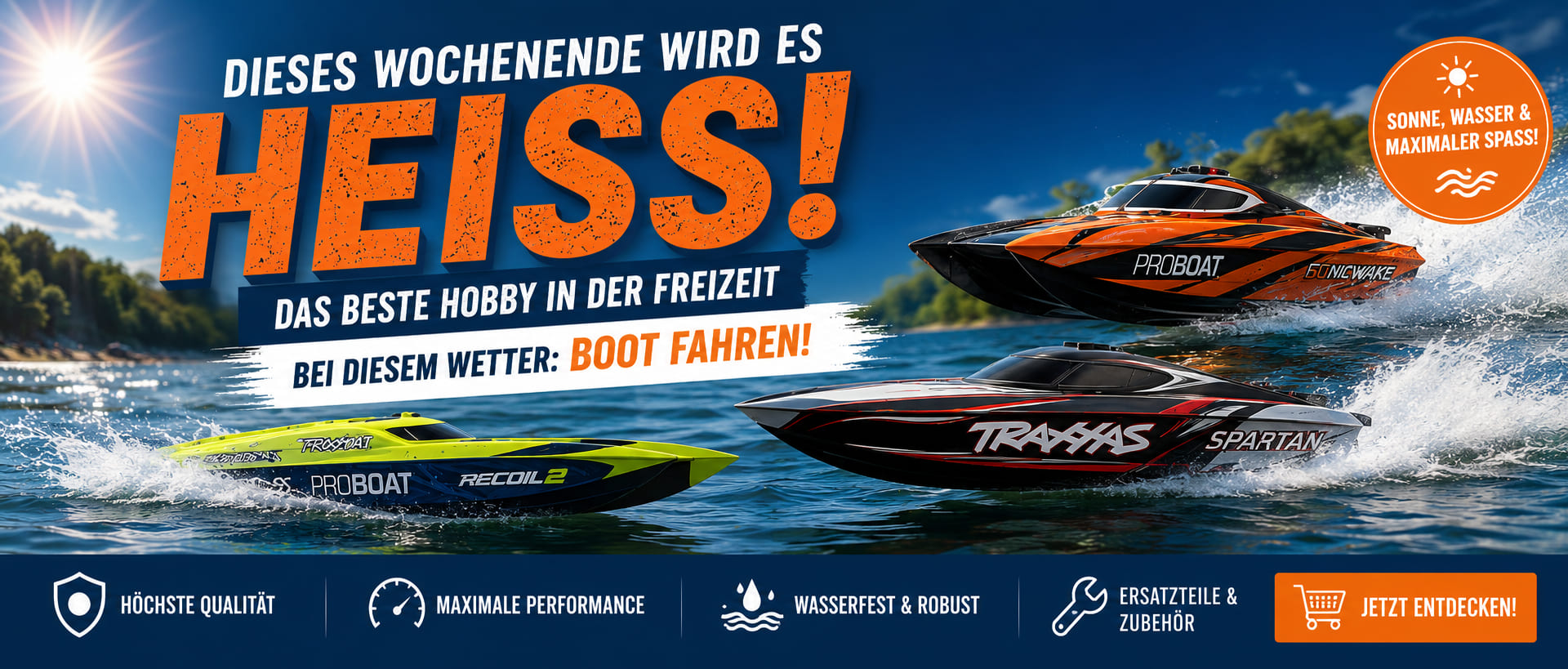 Hero Banner mit ProBoat und Traxxas RC-Speedbooten auf dem Wasser – RC-Boote für sonnige Sommertage jetzt bei D-Edition entdecken.