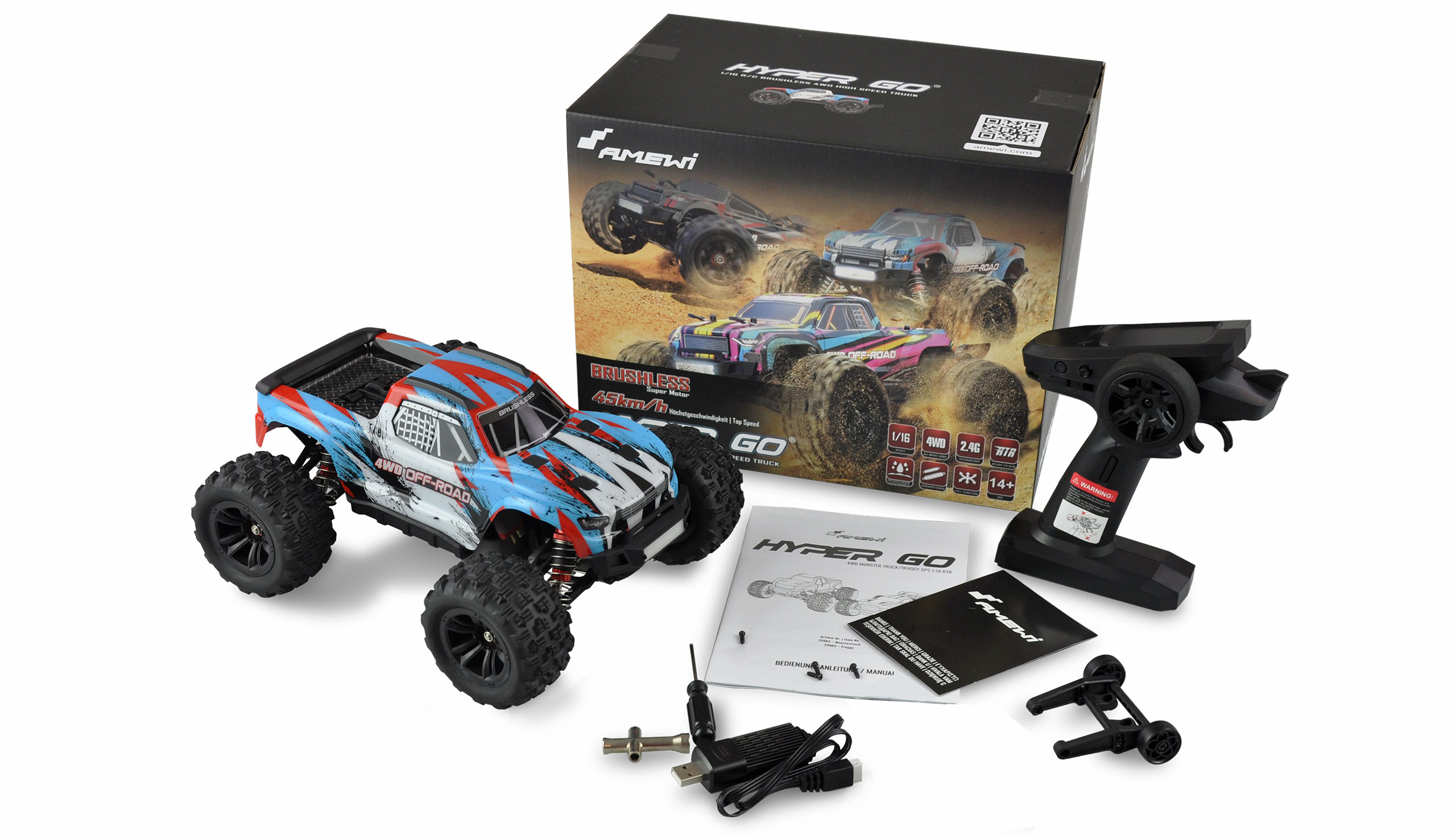 Amewi Hyper GO Monstertruck Brushless 4WD 1_16 RTR – Blau_Weiss - Offroad Racing Modell