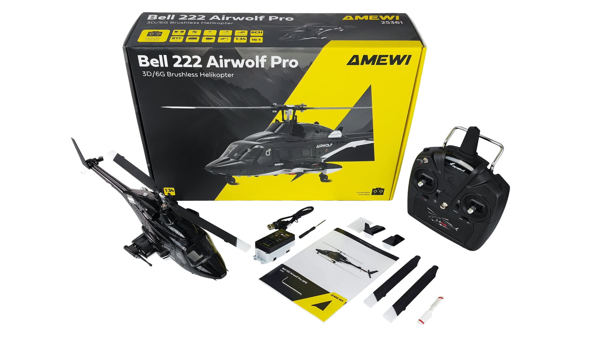 Amewi Bell 222 Airwolf Pro Helikopter 6-Kanal RTF mit Brushles