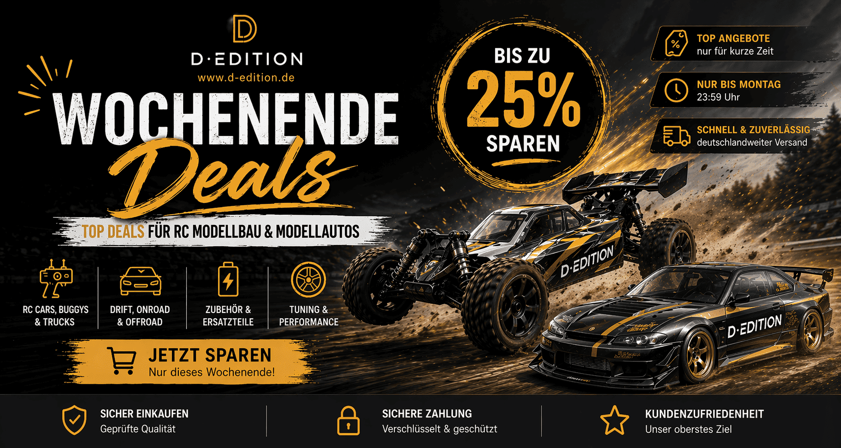 D-Edition Wochenende Deals Banner mit Angeboten für RC Modellbau und Modellautos bis Sonntag