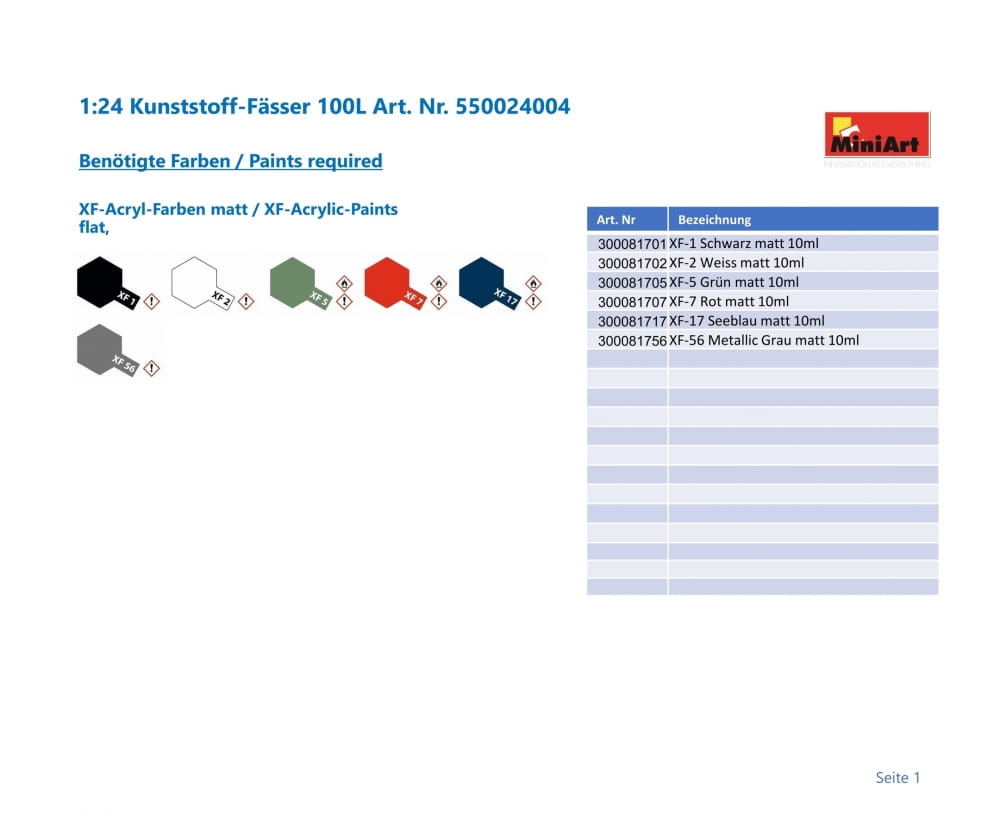 MiniArt 1_24 Kunststoff-Faesser 100L Plastik Modellbausatz - RC-Zubehoer