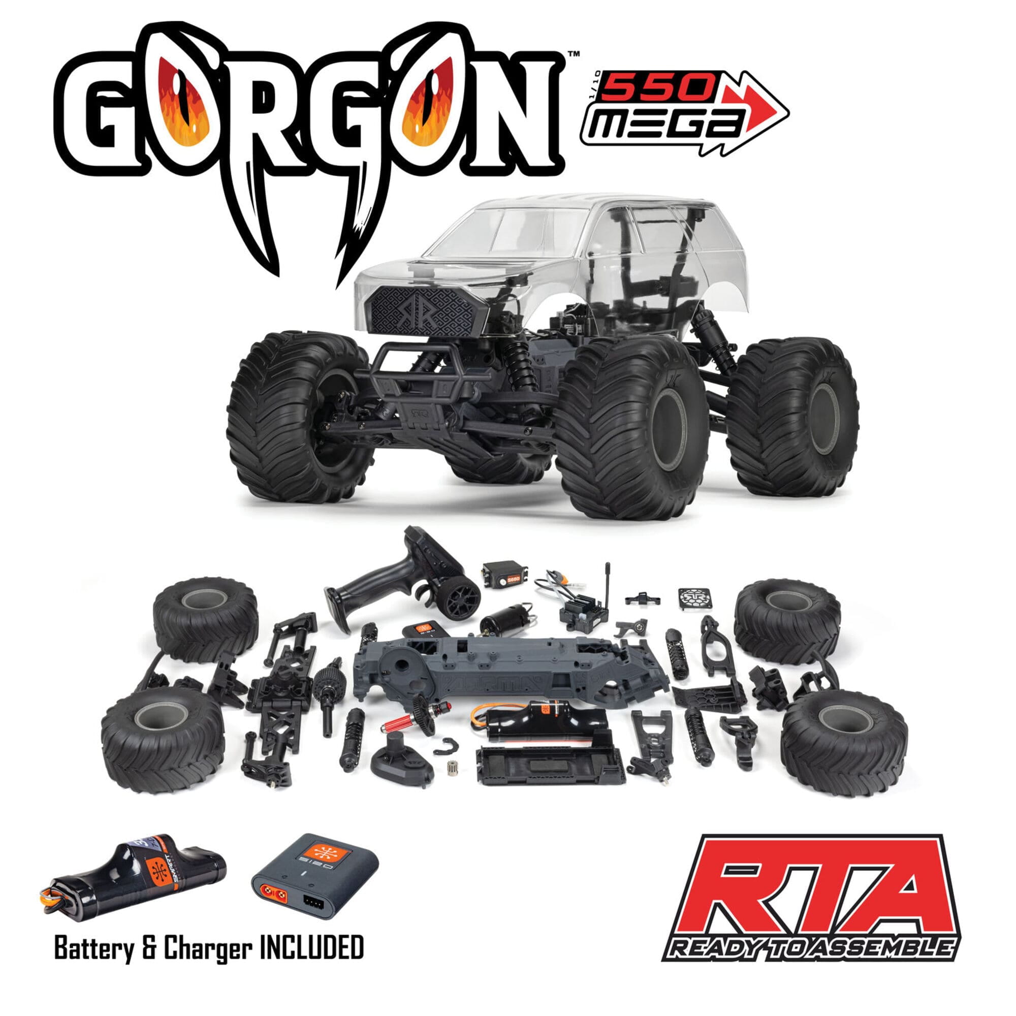 Arrma 1_10 Gorgon 2WD Monster Truck RTA Bausatz - mit Akku und Ladegeraet