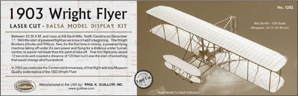 Guillow's Freiflugmodell 1903 Wright Flyer 1:20 Wurfgleiter Flieger Balsabausatz