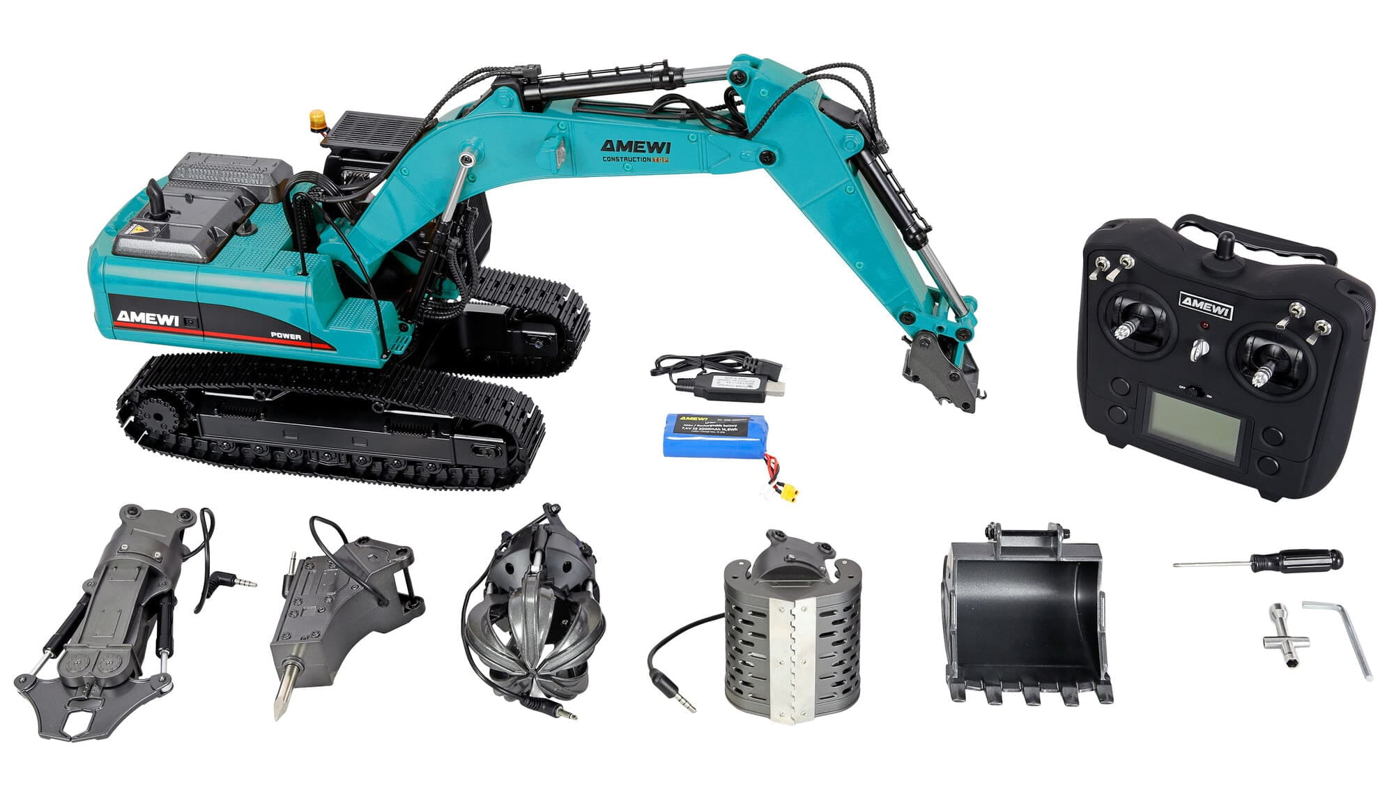 Amewi G705E Bagger Metall 1_14 RTR petrol mit Anbauwerkzeugen