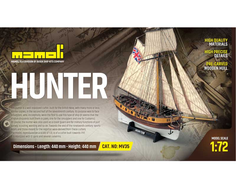 Hunter Kutter 1_72 Bausatz von Mamoli - Historisches Schiffsmodell mit Kanonen