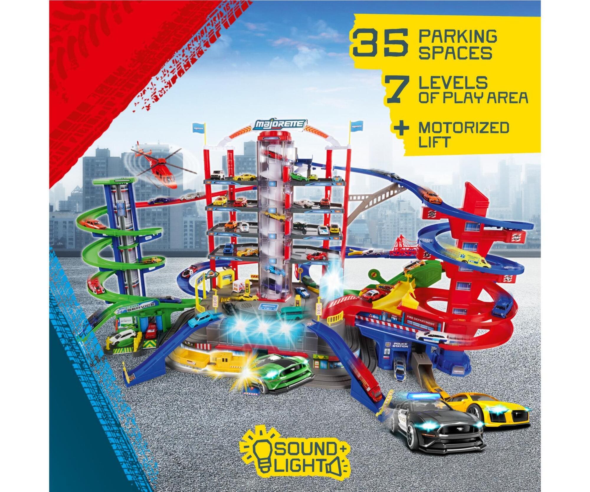 Majorette Super City Parkhaus mit 7 Etagen_ Zug und 6 Autos_