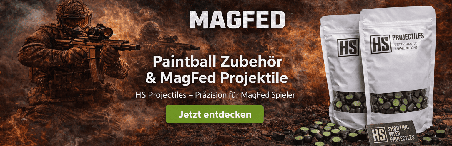 Magfed Paintball Zubehör HS Projectiles Banner mit Magfed Spielern und Projektilen