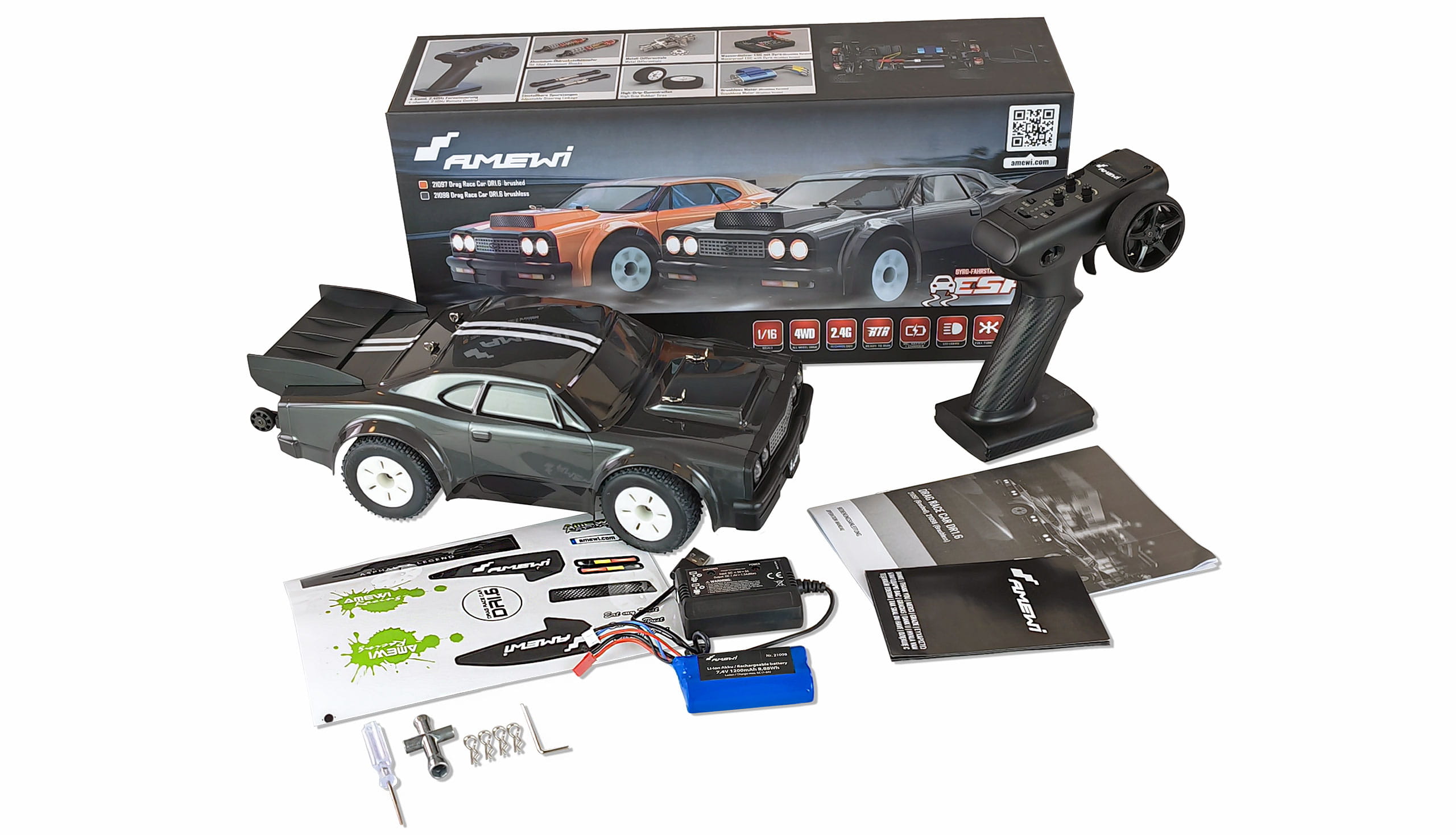Amewi DR1.6 Drag Racer brushless 4WD 1:16 RTR dunkelgrau