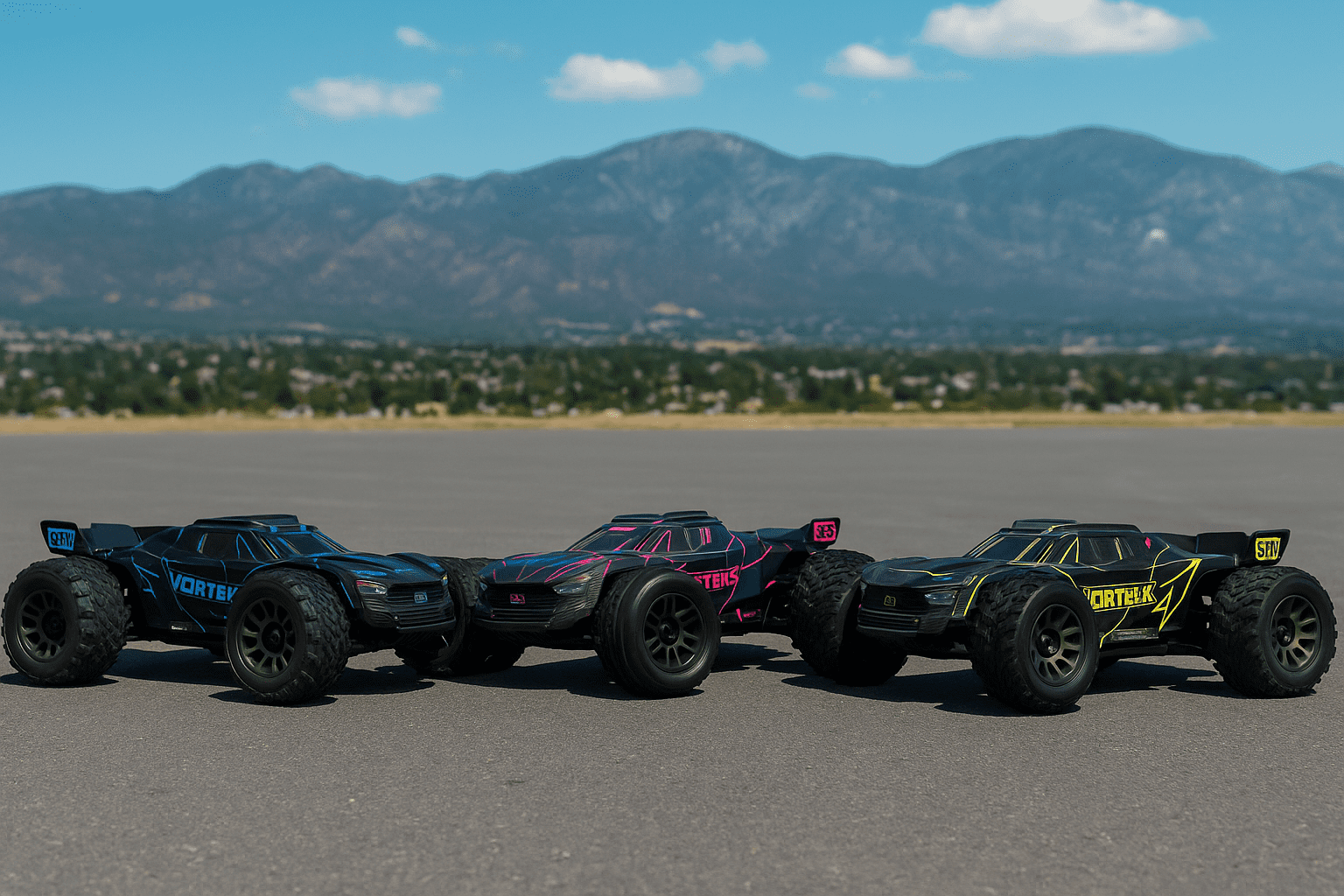 ARRMA VORTEKS 223S RC-Truck pink auf Asphalt mit neuem Hintergrund