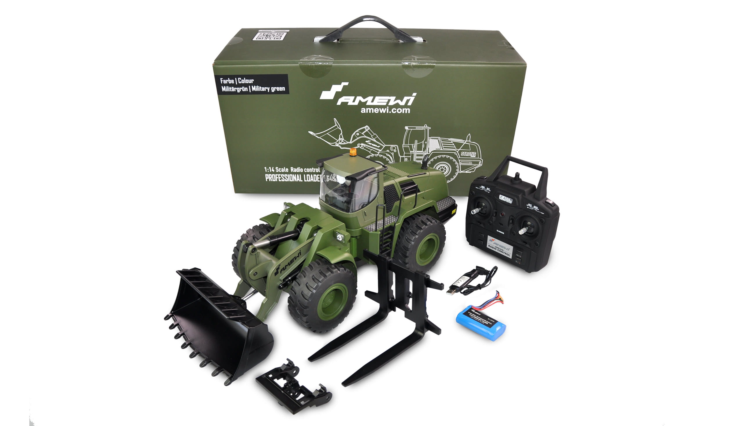 Amewi RC Radlader G485E ME Militär 1:14, Teilmetall, 10-Kanal Bagger RTR