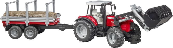 Bruder 02046 Massey Ferguson 7480 mit Frontlader und Holztransportanhänger und 3 Baumstämmen