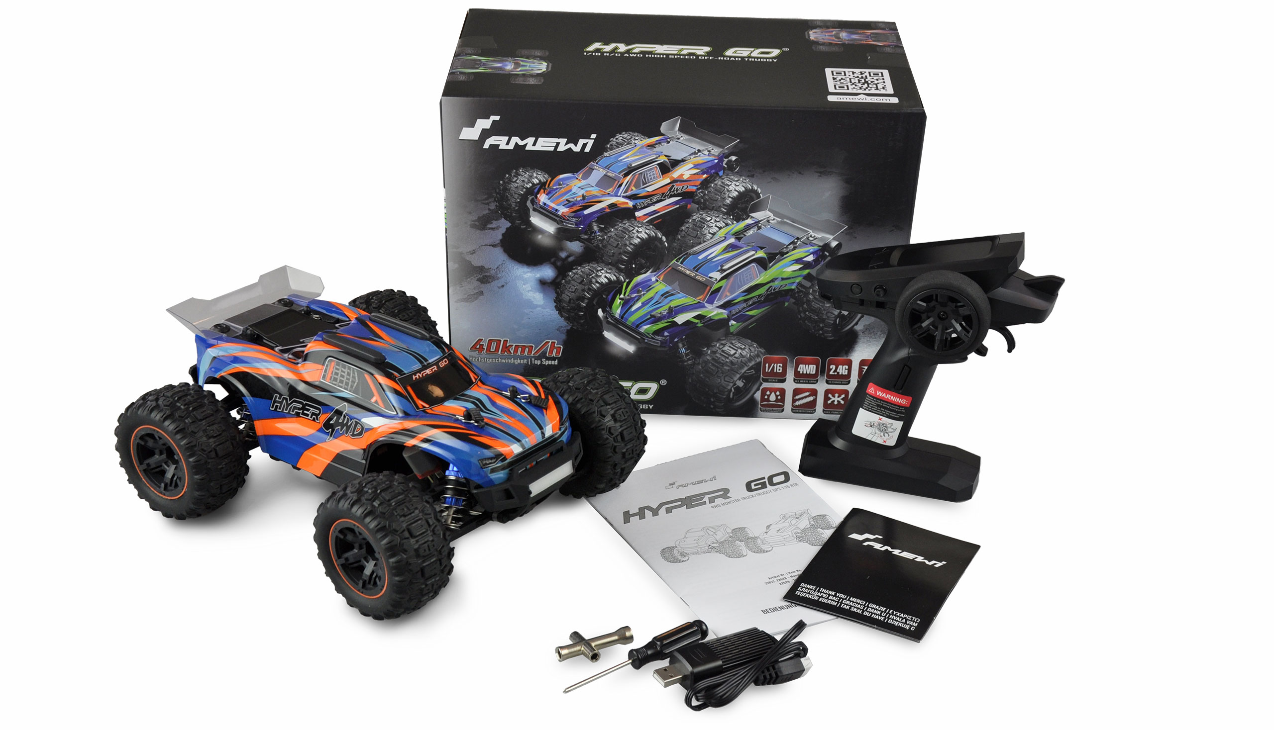 Amewi Hyper GO Truggy 4WD brushed 1_16 RTR in Blau und Orange - Offroad Truggy mit LED-Beleuchtung